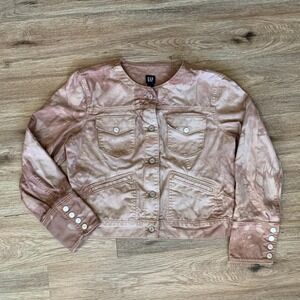 Brown And Cream Tie-dye Collarless Jean Jacket